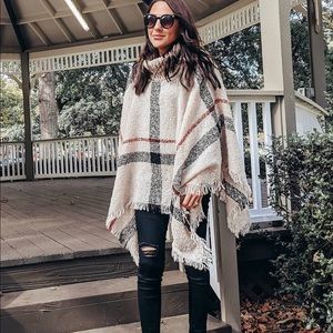Plaid Turtleneck Cape Poncho Sweater